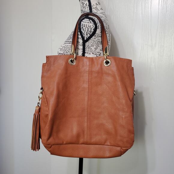 Steve Madden Large Camel Cognac Tote Outside Zip Pocket Gold Hardware - Picture 3 of 13